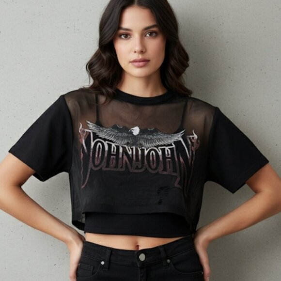 johnjohn Tops - JOHNJOHN Distressed Black Mesh Graphic Crop Top with Eagle Wings